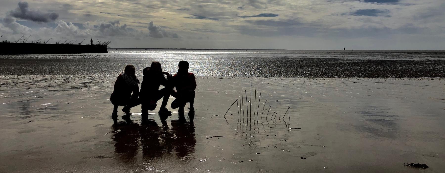 a group of people walking on a beach