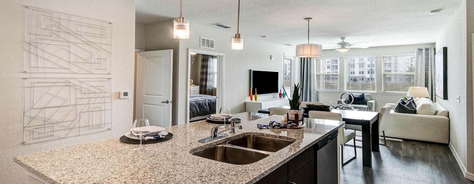 a kitchen with a large island